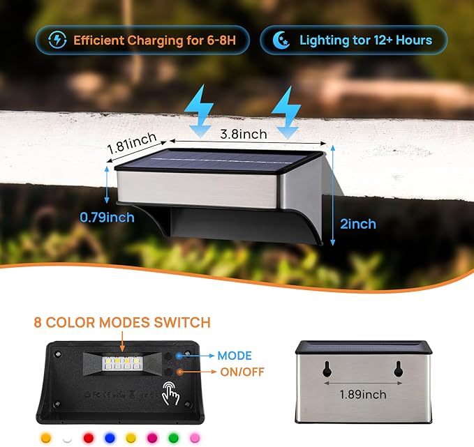 Solar Deck Lights 8 Pack Outdoor Waterproof - Step Lights for Stairs & Fence, 8 Color Changing Security Lighting with Auto On/Off, Wall Lights for Patio/Yard/Pathway (Warm/Cool White + RGB)