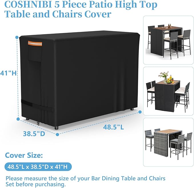COSHNIBI Patio High Top Table and Chairs Cover,Bar Height Table Chairs Set Cover for 5 Piece Wicker Bar Dining Set/4 Person Patio Table and Chairs Set, ,48.5"L x 38.5"D x 41"H,Black