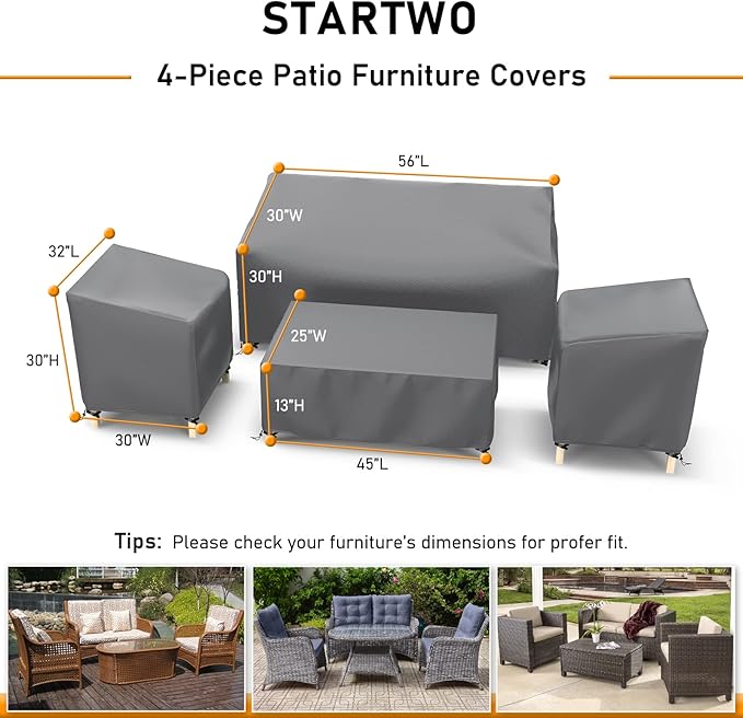 STARTWO Outdoor Waterproof Patio Furniture Covers 4-Piece Set for Chairs, Loveseat and Coffee Table, Heavy Duty 600D, Grey