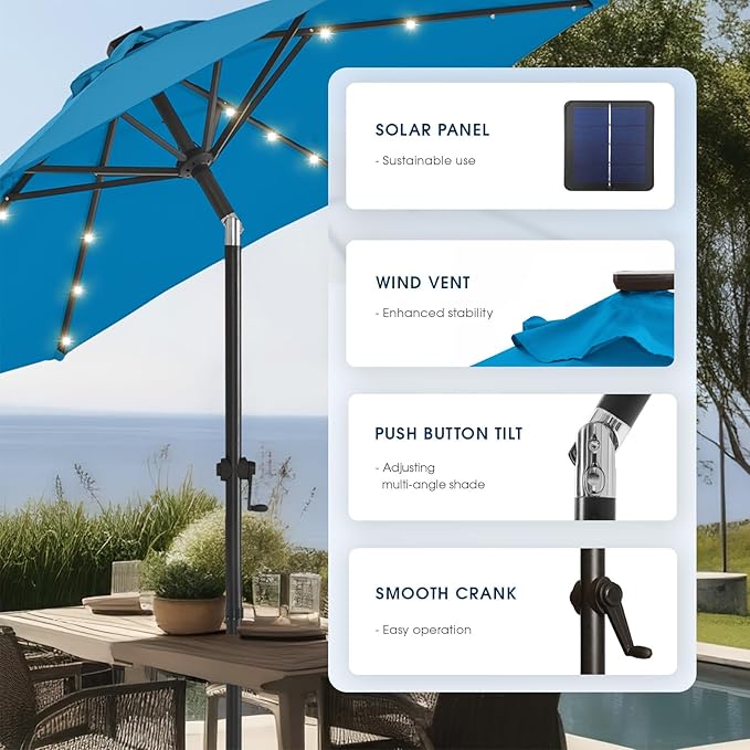 wikiwiki 10ft Solar Led Patio Umbrella, Sturdy Outdoor Market Umbrella for Deck, Pool, Garden w/Tilt, Crank, 32 LED Lights, Royal Blue