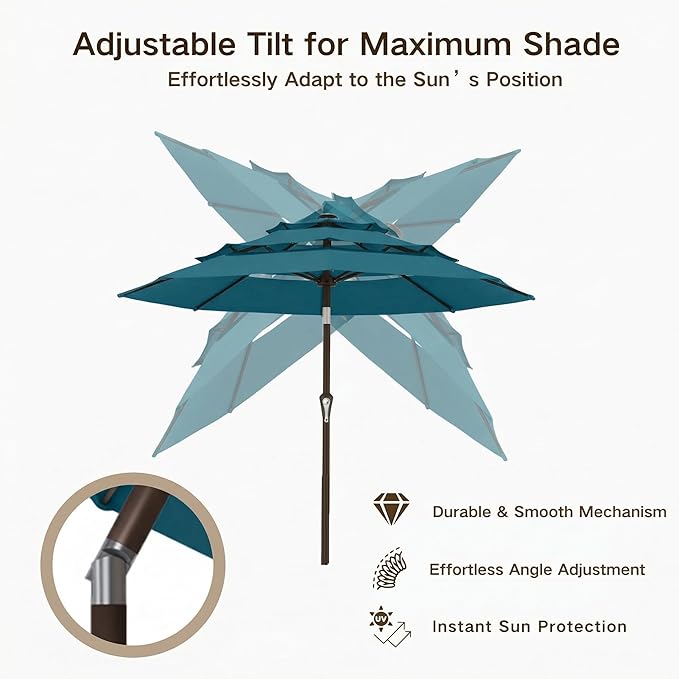 Kingdura 10ft 3-Tier Patio Umbrella, Outdoor Table Umbrella with Easy Crank & Tilt, 8 Reinforced Ribs, UV Protection for Deck, Pool, Market, Backyard (Lake blue)