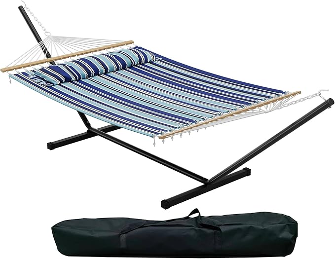 Double Hammock with Stand Included - 2 Person Portable Hammock with Steel Frame Heavy Duty 450lb Capacity for Outside Patio Garden or Indoor Use Brazilian Style Cotton Bed with Carry Bag
