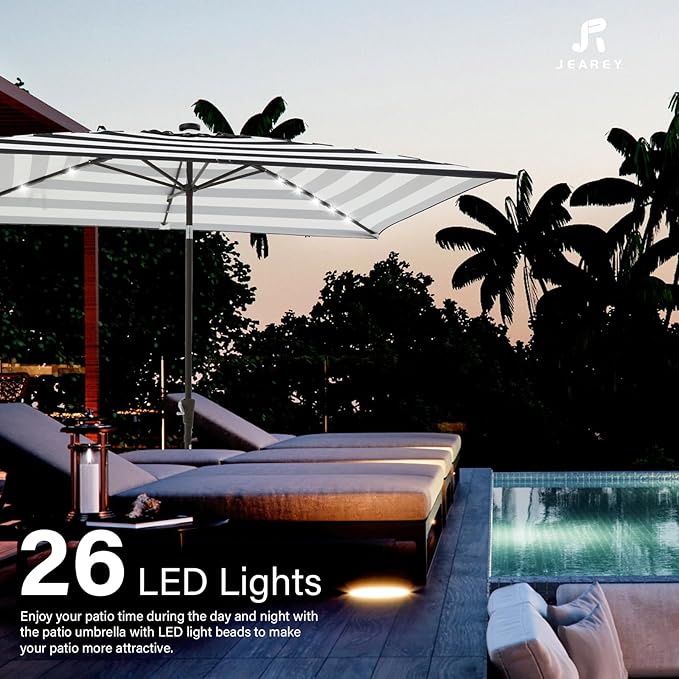 JEAREY 6.5x10 ft Rectangular LED Lighted Patio Umbrellas Outdoor Solar Table Market Umbrella w/Push Button Tilt/Crank, 6 Sturdy Ribs, UV Protection Waterproof Sunproof(Black-White Stripe)