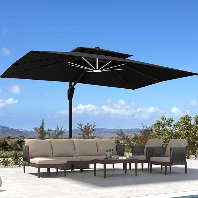10' X 13' Patio Umbrella with Weighted Base and LED Lights Outdoor Cantilever Large Rectangle Offset Umbrellas Heavy Duty Aluminum Double Top with 360-degree Rotation for Pool Garden Deck, Black