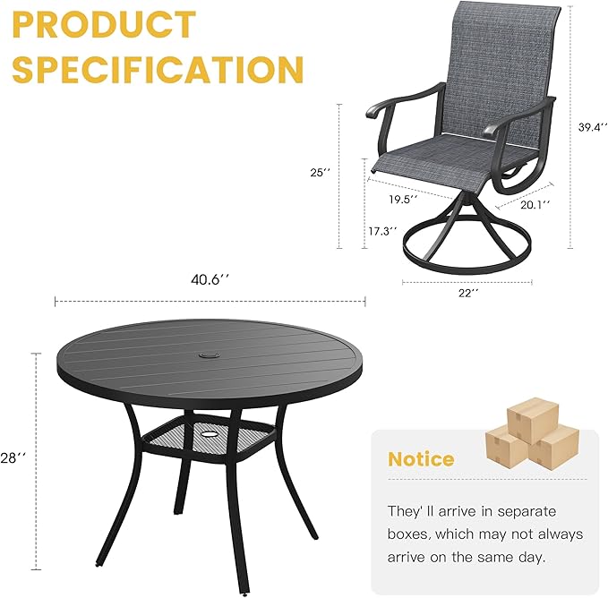 VICLLAX 5 Pieces Patio Dining Set, Outdoor Dining Set for 4-40.6" Round Patio Table and 4 Outdoor Swivel Chairs for Lawn Garden, Black Tabletop and Dark Grey Fabric