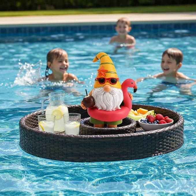 Lavezee Garden Gnome Statue Outdoor Decor, Solar Gnomes with Flamingo Figurine for Garden, Patio, Yard Decor, Summer Pool Party