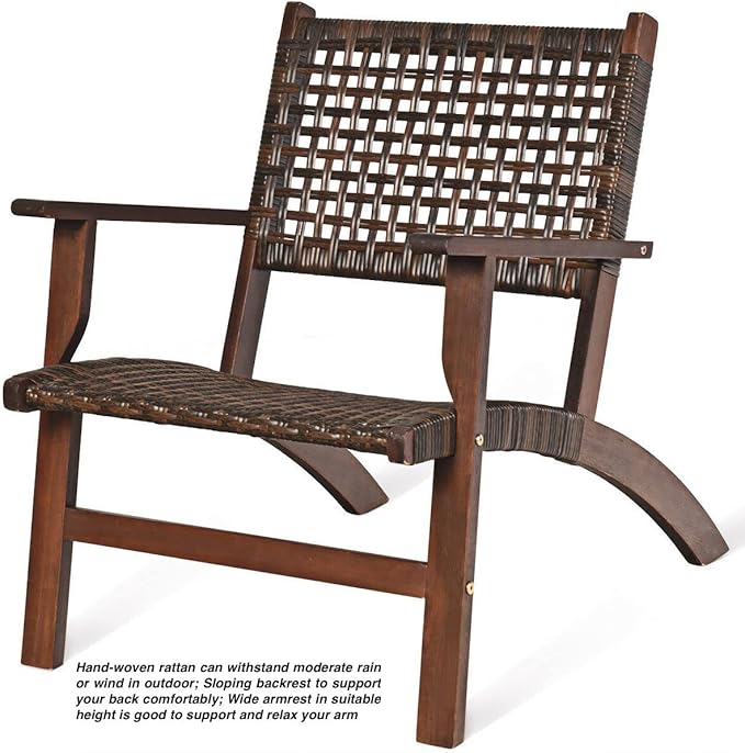 3PCS Outdoor Furniture Set Patio Conversations Set 2 Armchairs with Coffee Table Wide Armrest Tight Hand Woven Rattan Sloping Backrest Curved Chair Seat Perfect for Garden Balcony Poolside Use