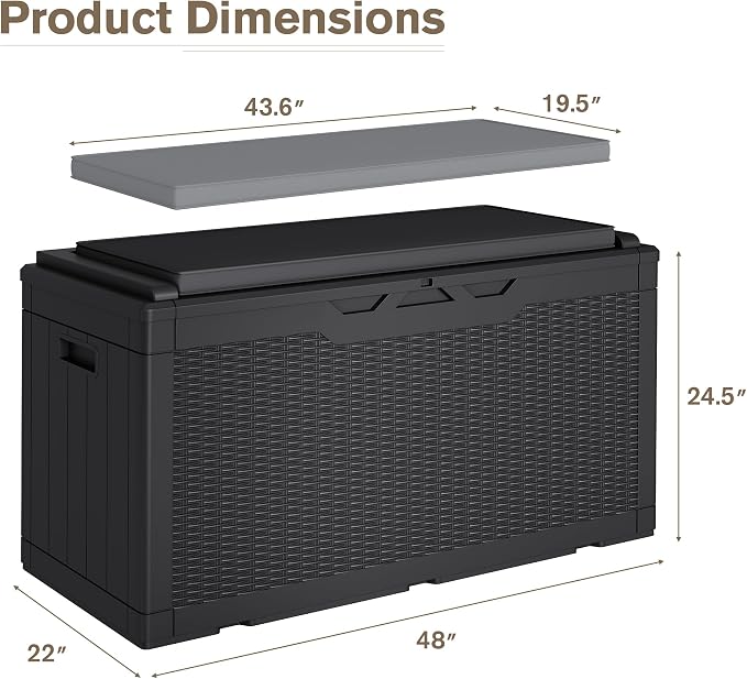 JUMMICO 100 Gallon Resin Deck Box with Cushion, Waterproof Outdoor Storage Box with Lockable Lid for Garden Tools, Patio Cushions (Black)