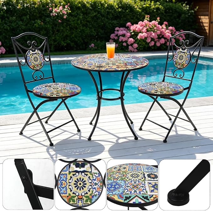 3 Piece Bistro Sets Mosaic Tile Round Table Folding Chairs Garden | Set of 3 Patio Furniture 23.6" Table and 2 Chairs Outdoor Bistro Chairs Artistic Table for Balcony Porch Apartment Backyard