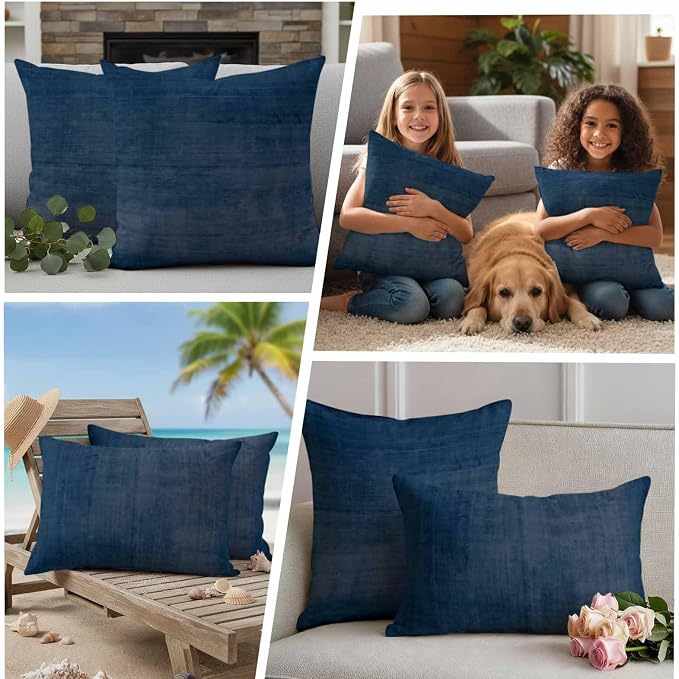 Vandarllin Outdoor Throw Pillows Covers 20x12 inch Set of 2 Waterproof Navy Blue Linen Decorative Zippered Cushion Covers for Patio Furniture, Solid Color Texture Lumbar Pillowcases