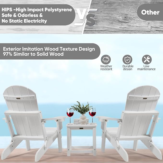 Outdoor Side Table, HIPS Plastic Composite Adirondack Patio Table, Weather Resistant End Tables for Outside, Indoor, Patio, Garden, Pool, Porch, Backyard, Lawn, Deck - White