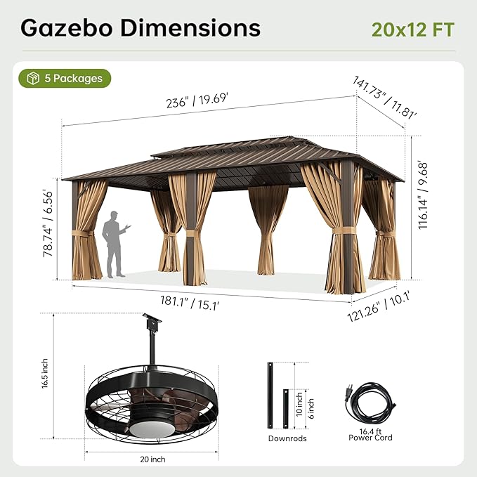 12x20FT Hardtop Gazebo with 20IN Ceiling Fan, Metal Frame with Double Galvanized Steel Roof, Permanent Outdoor Pergola for Backyard, Patio, Lawn and Garden, Brown