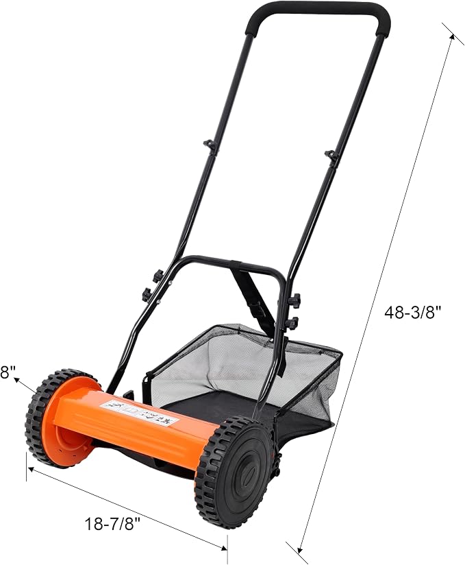 14'' 5-Blade Push Reel Lawn Mower with Grass Catcher, Manual Reel Mower with Adjustable Cutting Height 0.6-1.8'' Eco-Friendly Hand Push Cylinder Mower for Small Yards Orange