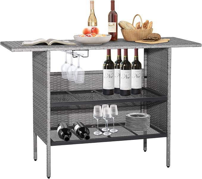 Tangkula Outdoor Wicker Bar Table, Patiojoy All Weather Patio Bar Height Table with 2 Metal Mesh Shelves & 2-Rail Steel Stemware Racks, Rattan Bar Counter Table for Backyard, Poolside (Mix Grey)