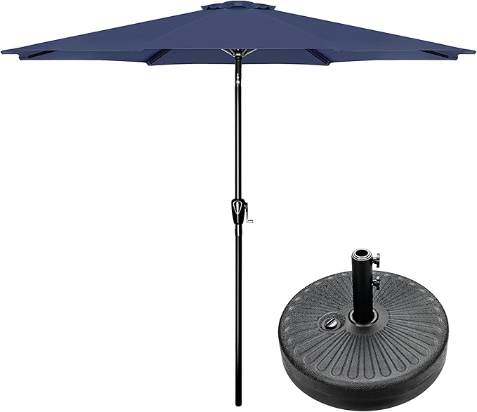 Simple Deluxe 9FT Outdoor Patio Umbrella Table Market Umbrella with Push Button Tilt and Crank and 50lbs Base Stand, for Garden, Lawn, Deck, Backyard, Pool, Dark Blue