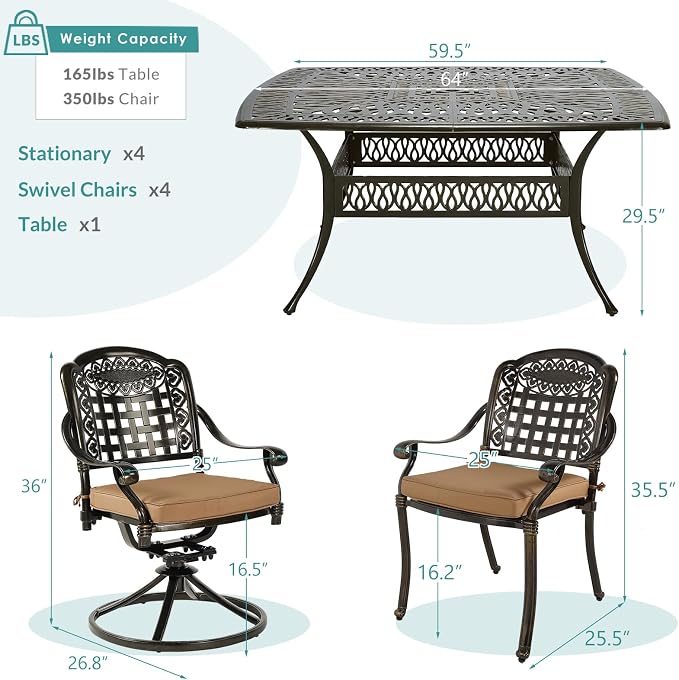 MEETWARM 9-Piece Outdoor Patio Dining Set for 8, All Weather Cast Aluminum Patio Funiture Table and Chairs Set- Large 64" Square Table and 4 Swivel Rocker Chairs, 4 Stationary for Garden, Khaki