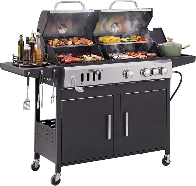 Sophia & William Charcoal and Propane Gas Grill Combo with Side Burner & Porcelain-Enameled Cast Iron Grate, Dual Fuel BBQ Grill for Outdoor, Barbecue Grill, 690 SQIN Cooking Area