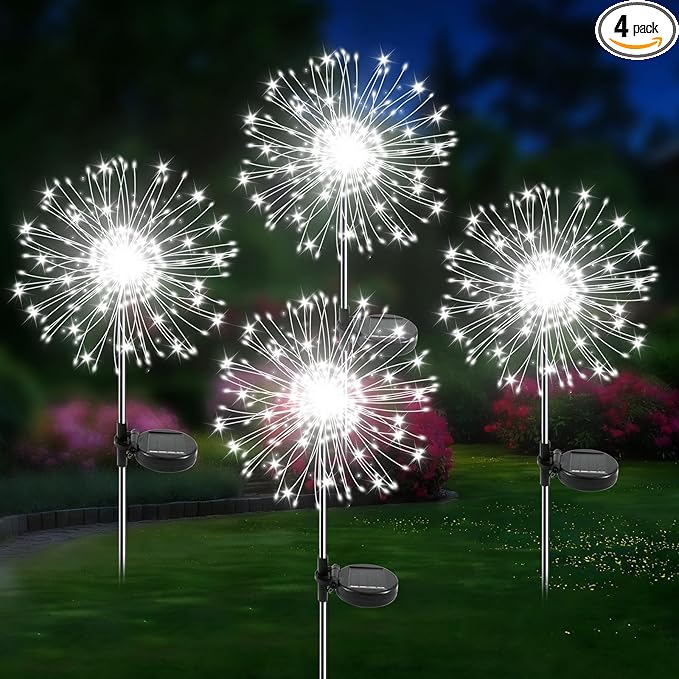 Solar Garden Lights Outdoor, 4 Pack 120 LED Twinkling Firework Lights Decorative with 2 Modes, Outdoor Waterproof Solar Starburst Light for Yard Pathway Planter Patio Decor, White