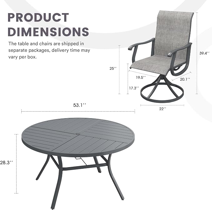 7 Pieces Patio Furniture Dining Set, 6 Textilene Swivel Dining Chairs, 53" Outdoor Round Metal Table with 1.57" Umbrella Hole, Outdoor Dining Set for Porch, Lawn, Garden, Dark Grey/Grey