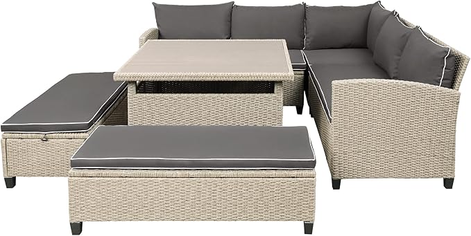 LUMISOL 6 Pieces Outdoor Patio Furniture Set, PE Rattan Wicker Sofa Set, Outdoor Sectional Sofa Set, Wicker Patio Conversation Set with Table and Benches for Lawn, Garden, Backyard (Brown)