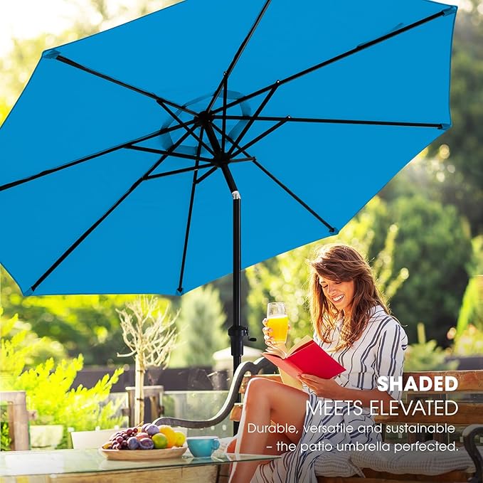 wikiwiki 9FT Patio Umbrella with Base, Outdoor Umbrellas with Base Included, 8 Sturdy Ribs, Waterproof Fade Resistant POLYESTER DTY Canopy for Deck, Lawn, Garden, Backyard & Pool, Royal Blue