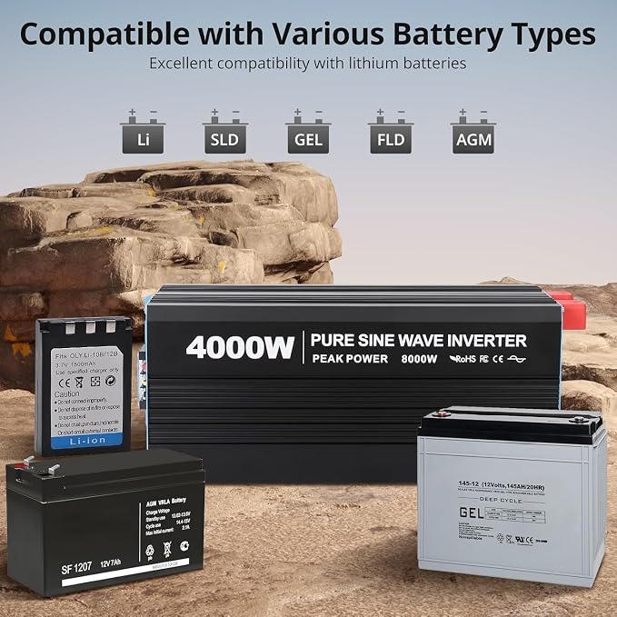 Power Inverter 4000 Watt Pure Sine Wave 12V DC to 110V/120V AC 8000W Peak Converter for Family RV Off Grid Solar System with 4 AC Outlets LCD Display Remote Control and 3.4A USB Charging Port