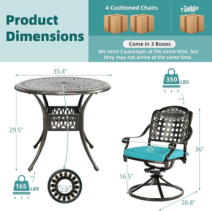 MEETWARM 5-Piece Outdoor Patio Dining Set, All-Weather Cast Aluminum Patio Conversation Set with 4 Cushions Swivel Rocker Chairs for Backyard Garden Deck and 35.4" Round Table, Ocean Blue