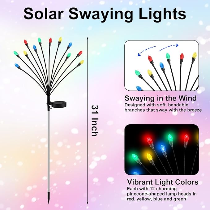 Rossesay 4 Pcs St Patricks Day Outdoor Decorations Solar Lights Waterproof Green 48 LED Swaying Pathway Firefly Stake Lights for Outside Yard Garden Lawn Decorations(Multicolor,Pine Cone)