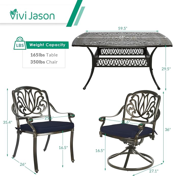 VIVIJASON 9-Piece Outdoor Furniture Dining Set, Cast Aluminum Patio Table and Chairs Set with 6 Stationary Chairs, 2 Swivel Rocker Chairs, 64" Large Square Dining Table, Umbrella Hole, Navy Blue