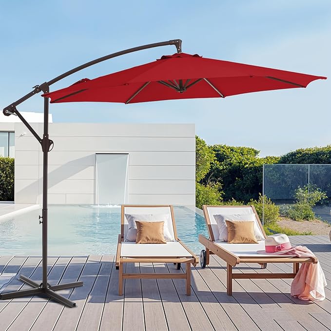 10FT Patio Umbrella, Outdoor Offset Cantilever Umbrella with Sturdy 8 Ribs, Easy Tilt Adjustment for Backyard Pool Garden,Red