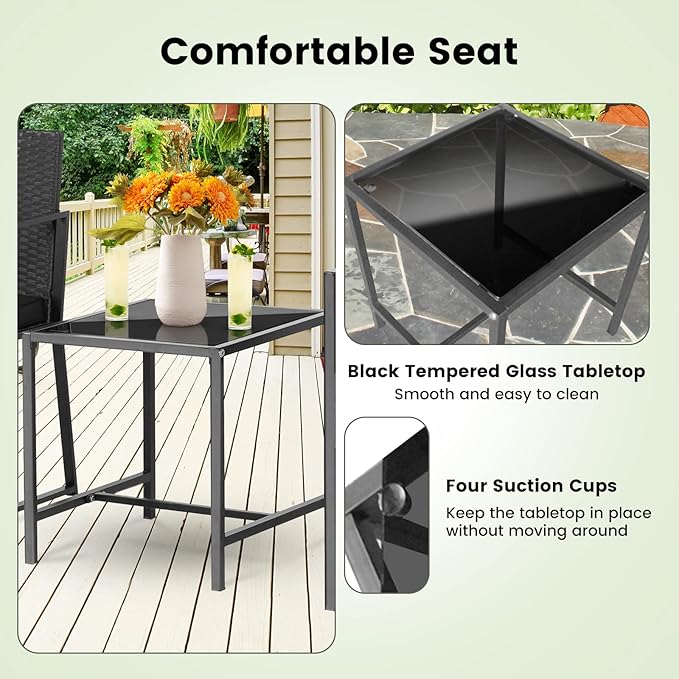 Tangkula 3 Piece Patio Furniture Set, Modern Heavy Duty All Weather Cushioned Wicker Chairs and Coffee Table Set, Suitable for Front Porch, Backyard, Garden, Poolside and Deck (Black)