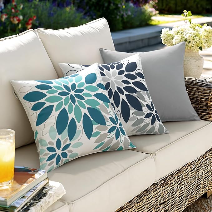 Floral Outdoor Pillow Covers Waterproof Spring Throw Pillow Cases Aqua Green 18x18 Inch Set of 2 Decorative Summer Cushion Covers for Patio Furniture Garden Bench Porch Sofa