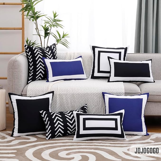 JOJOGOGO White Outdoor Lumbar Pillow Covers Waterproof 12x20 Set of 2, White and Black Decorative Outdoor Waterproof Boho Pillows 12 x 20 for Patio Furniture Farmhouse (Black Border)