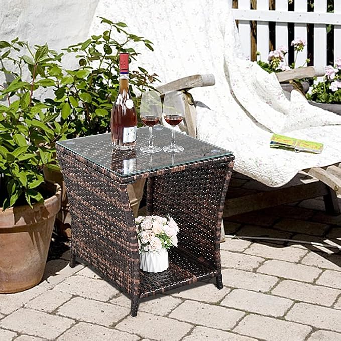 VINGLI Outdoor Wicker Side Table Patio Side Tables for Outside, Tempered Glass Top Wicker Table with Storage End Table for Balcony Porch Deck (Brown)
