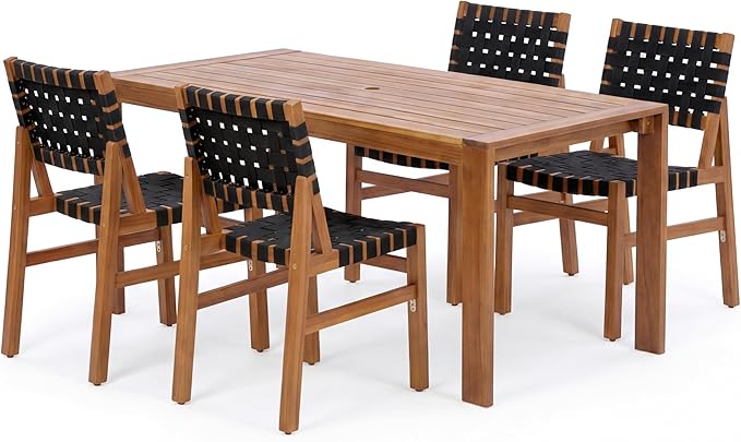 Christopher Knight Home Balew Acacia Wood Patio Dining Set for 4, Solid Wood Outdoor Dining Table Set for 4, 5 Piece Outdoor Dining Set with Rectangular Table and Woven Rope Accents, Teak+Black