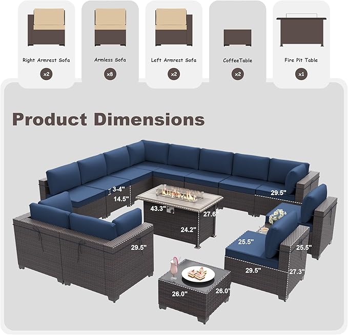 Patio Furniture Set with Fire Pit Table 15 PCS Outdoor Sectional Furniture Rattan Patio Conversation Set with 43in Propane Gas Fire Pit Table and Glass Table, Navy Blue
