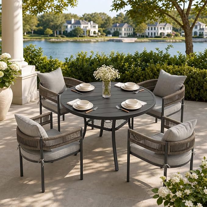 VICLLAX Patio Dining Set, 40.6" Black Table & 4 Chairs with Grey Cushion | Outdoor Table and Chairs Set of Round Metal Patio Table, Outdoor Dining Chairs with Metal Frame, Garden Deck Porch