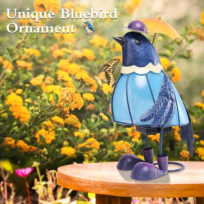 MUMTOP Solar Outdoor Lights Garden Decor, Cute Bluebirds Waterproof Solar Powered LED Light Metal Bird Holding Yellow Umbrella Yard Art Ornament for Patio Outside Lawn Backyard Balcony Decorations