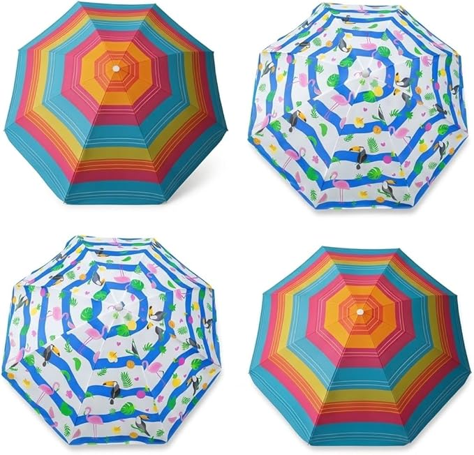 PMU 4 Pcs Set Beach Umbrella 72in Open – Tropical Flamingo Print & Rainbow Stripe, 160G Polyester Large Outdoor Patio Pool Parasol Umbrella for Garden, Deck, Backyard & Pool