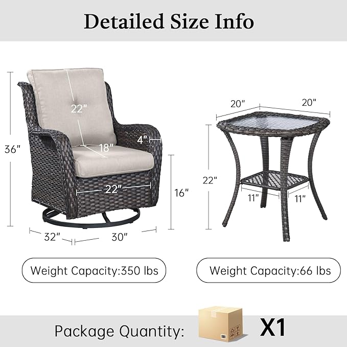 Outdoor Swivel Rocker Patio Chairs with Side Table 3 Pieces PE Wicker Patio Furniture Set for Porch Deck Balcony Garden-Brown/Beige