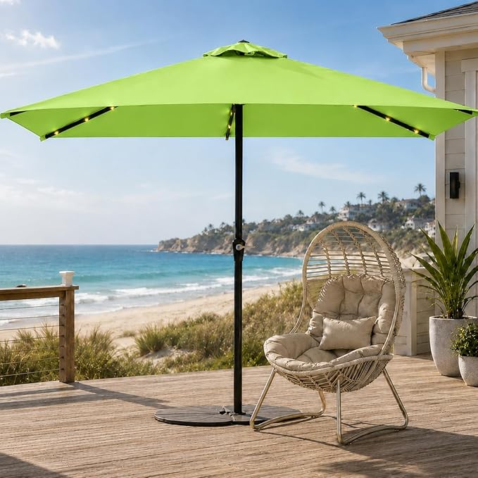 6.5 x 10ft Rectangular Patio Umbrella with Solar Lights, 16 LED Lighted Market Umbrella with Push-Button Tilt and Crank, 6 Sturdy Iron Ribs for Garden, Deck, Pool, Apple Green