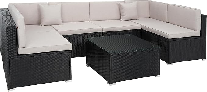 SAFAVIEH Outdoor Collection Diona Black/Grey Cushion Sectional Set with Glass Top Coffee Table, Ideal for Deck, Patio, Backyard, Sunroom