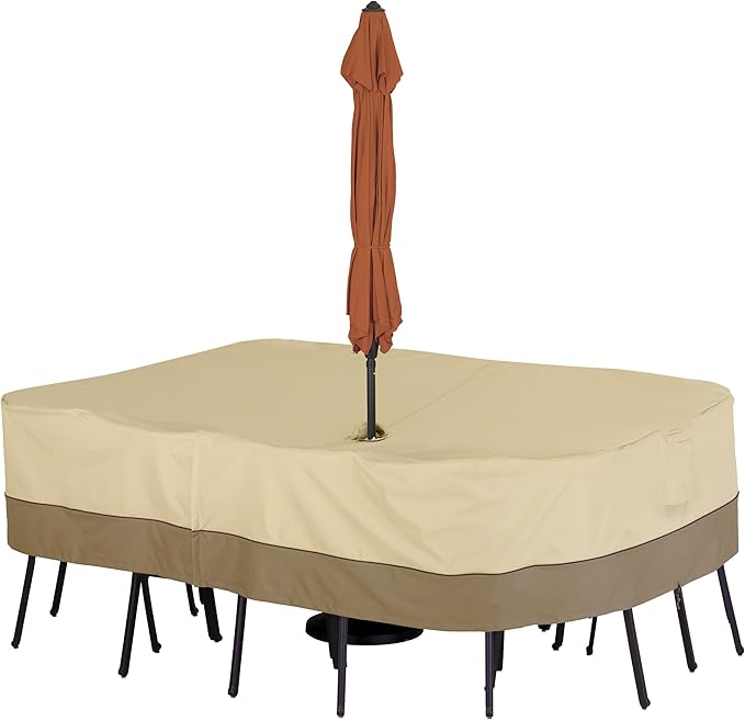 Classic Accessories Veranda 108" L Patio Table Cover with Umbrella Hole Pebble/Large/Rectangular/Oval, Outdoor Table Cover