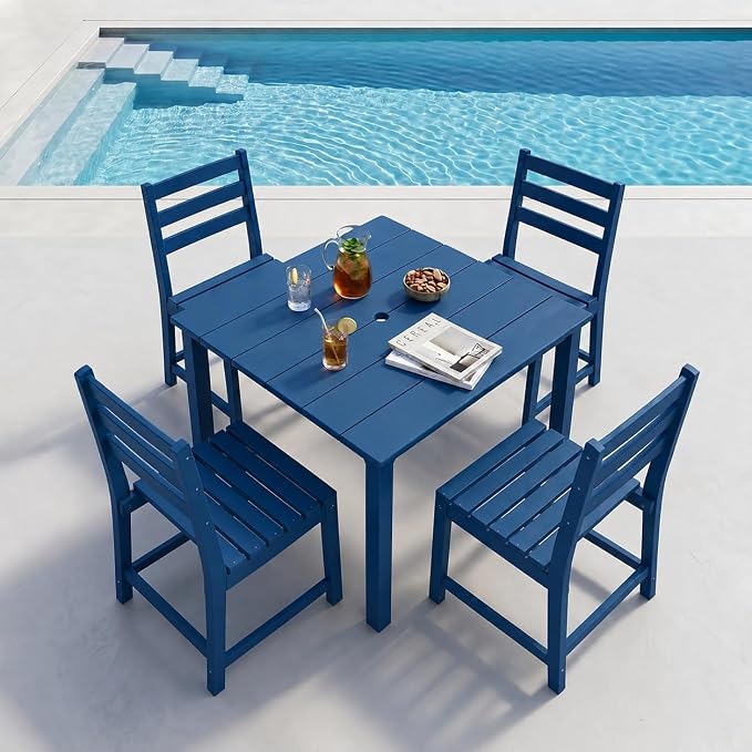 HDPE Outdoor Dining Set for 4, Square Table and Chairs, Navy | All-Weather HDPE, Wood Grain Finish, 42.5" Square Table, Built-In Umbrella Hole, Seats 4, Patio & Poolside Ready