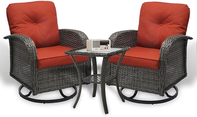 SHGJ&SOFT 3 Piece Patio Furniture Set, 2 Outdoor Swivel Rocking Chairs with Side Table, Wicker Glider Chairs, All-Weather Rattan Bistro Set for Porch, Deck, Pool (Red, Grey Full-Weave Rattan)