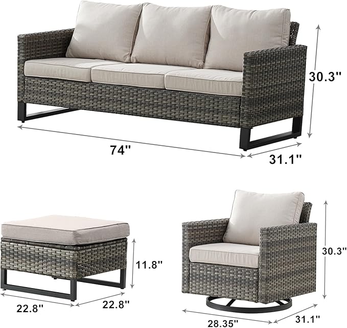 Rilyson Wicker Outdoor Patio Furniture Set - 7 Piece Patio Conversation Set with 4 Swivel Rocker Chairs,2 Rattan Ottoman and 1 Couch for Outside Porch Deck Backyard(Mixed Grey/Beige)