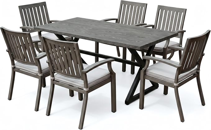 7 PCS Indoor Outdoor Patio Dining Furniture Set, Rectangular Wood Grain Pattern Table, 6 Aluminum Frame Chairs with Removable Thick Cushions, Ideal for Home, Apartment, Courtyard, Lawn, Poolside,Gray