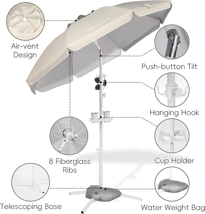 Seazul 6.5ft Sun Shade Umbrella, Portable Umbrella with Stand for Sports, Water Weight Bag, Adjustable and Lightweight, Sun Protection, Khaki