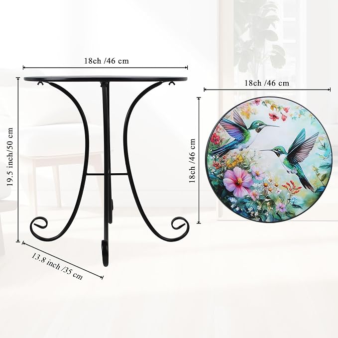Outdoor Side Table, Hummingbird & Flower Round Accent Table, 18" Metal Indoor Small End Tables, Plant Stand Tables for Patio Yard Balcony Garden Bedside