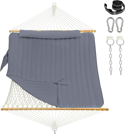 Lazy Daze Hammocks Rope Hammock with Pad, Spreader Bar, Carabiners, Tree Straps, Chains for Outside Patio- Max 450 Lbs, Grey